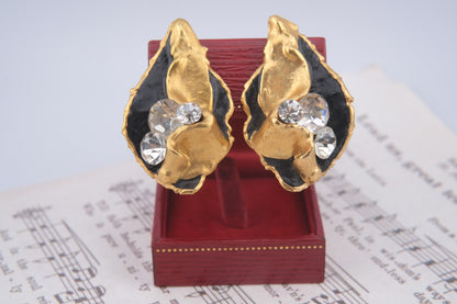 Vintage 1980 Lacombe Ceramic Clip-On Earrings – Gold & Black Enamel Abstract Design with Rhinestones