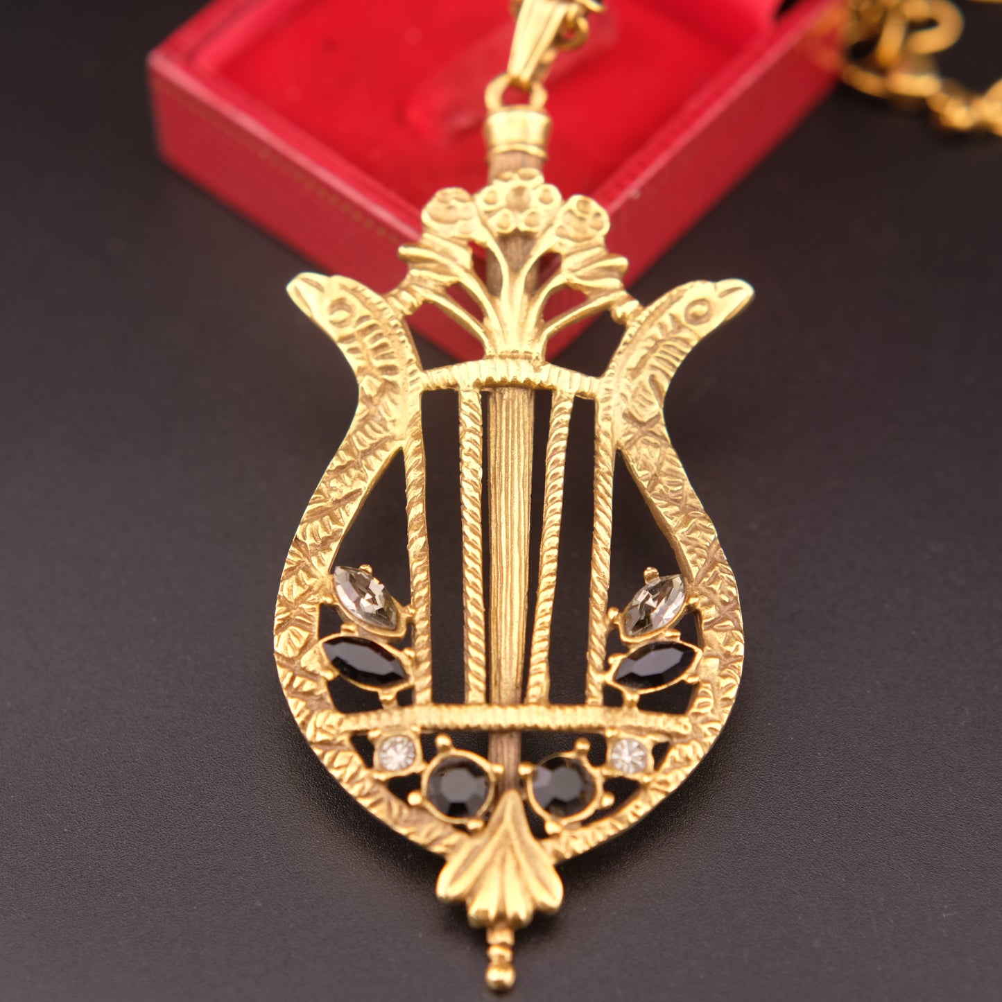 Vintage Lyre Harp Pendant Necklace – Gold-Tone with Black & Clear Crystals