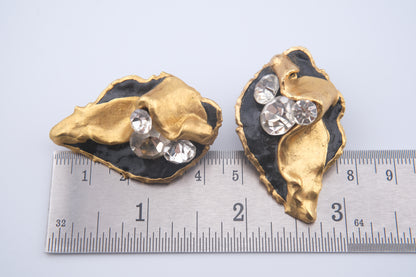 Vintage 1980 Lacombe Ceramic Clip-On Earrings – Gold & Black Enamel Abstract Design with Rhinestones