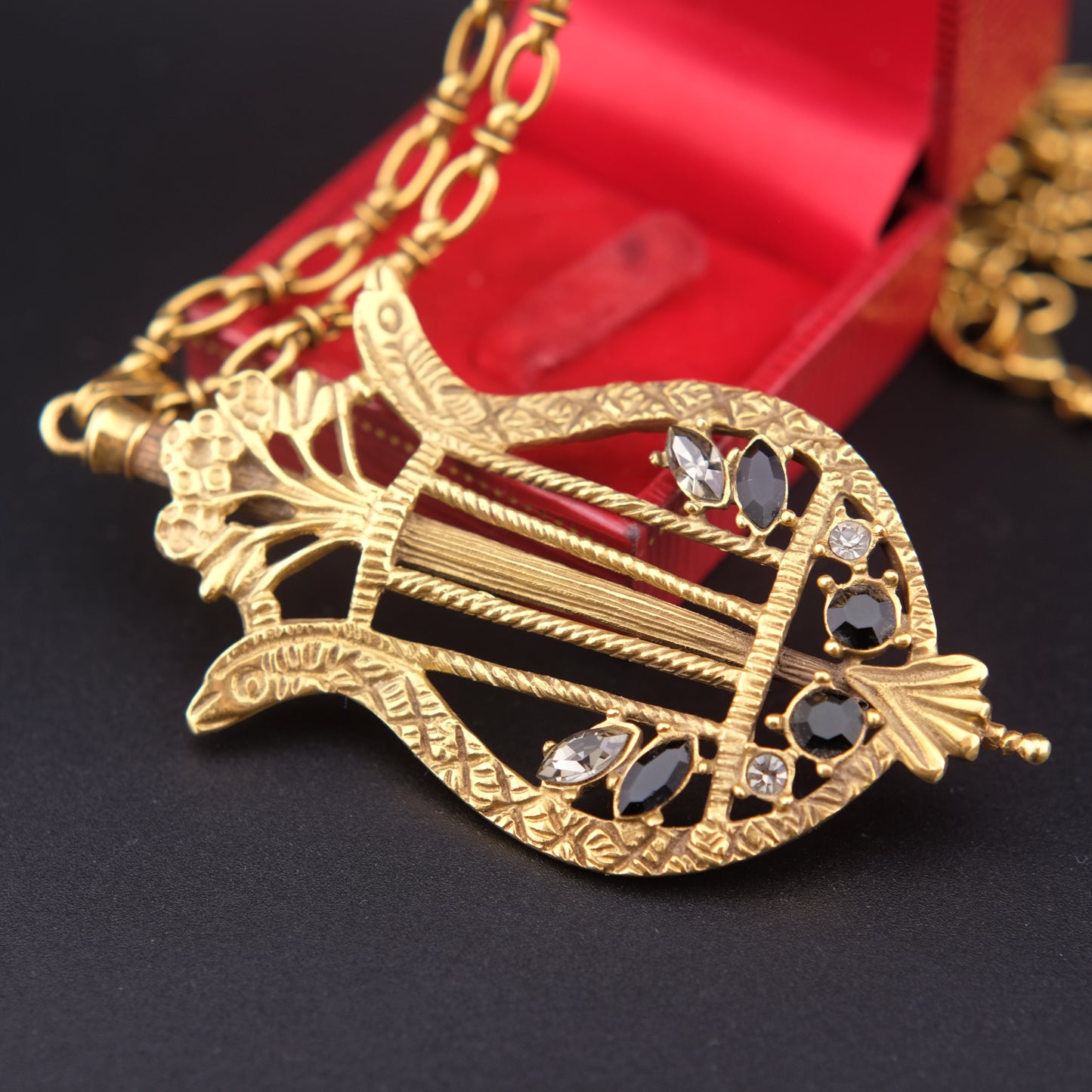 Vintage Lyre Harp Pendant Necklace – Gold-Tone with Black & Clear Crystals