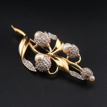 ❤️ Vintage D'orlan Floral Pearl & Crystal Brooch – Gold Tone Tulip Design