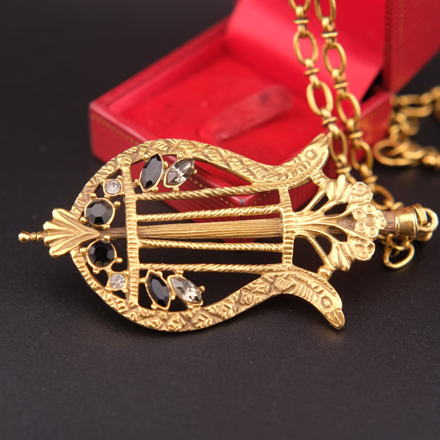 Vintage Lyre Harp Pendant Necklace – Gold-Tone with Black & Clear Crystals
