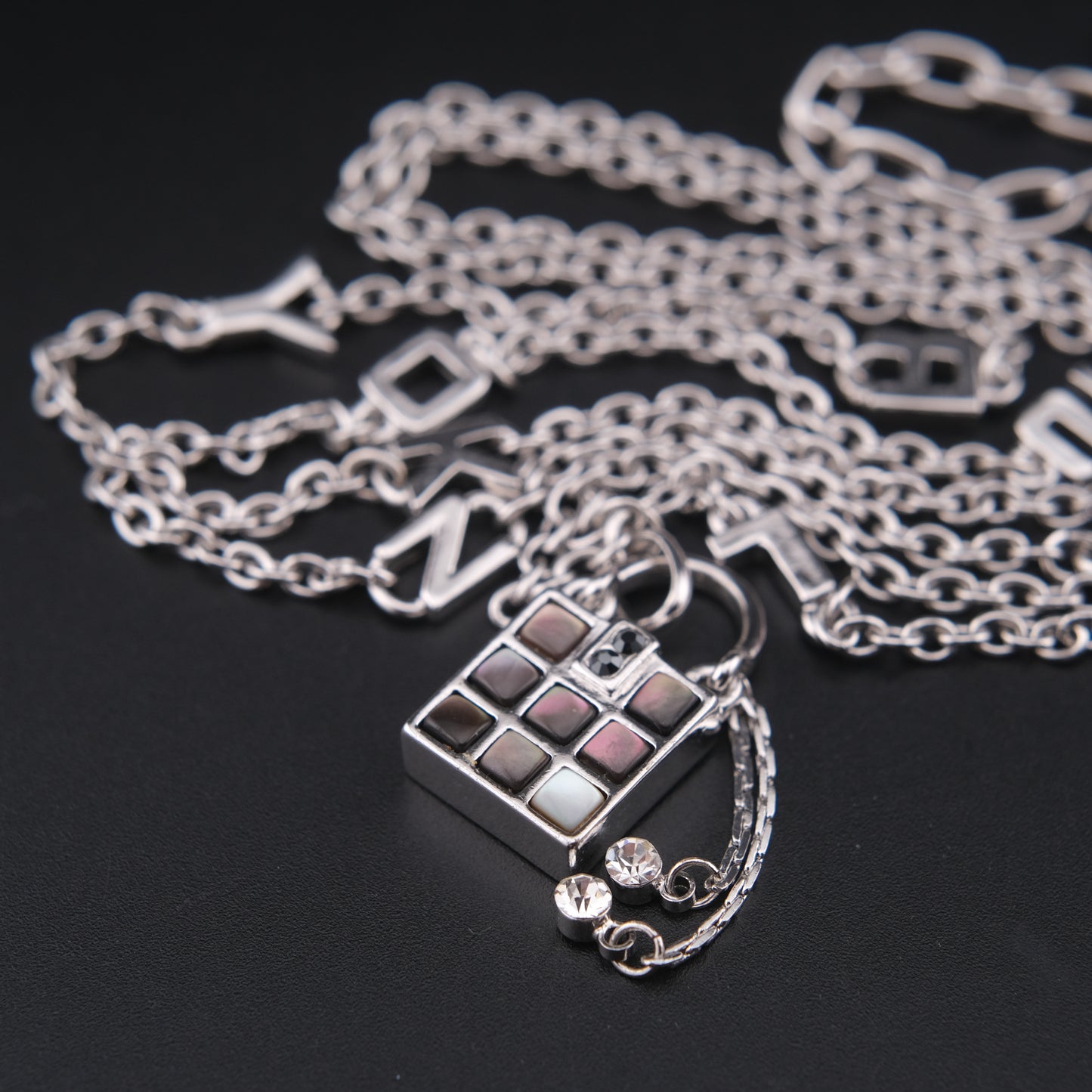 ❤️ Sonia Rykiel Long Necklace – Silver-Tone with Letter Charms & Lock Pendant