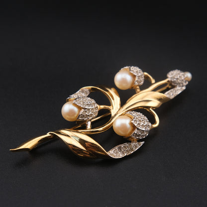 ❤️ Vintage D'orlan Floral Pearl & Crystal Brooch – Gold Tone Tulip Design