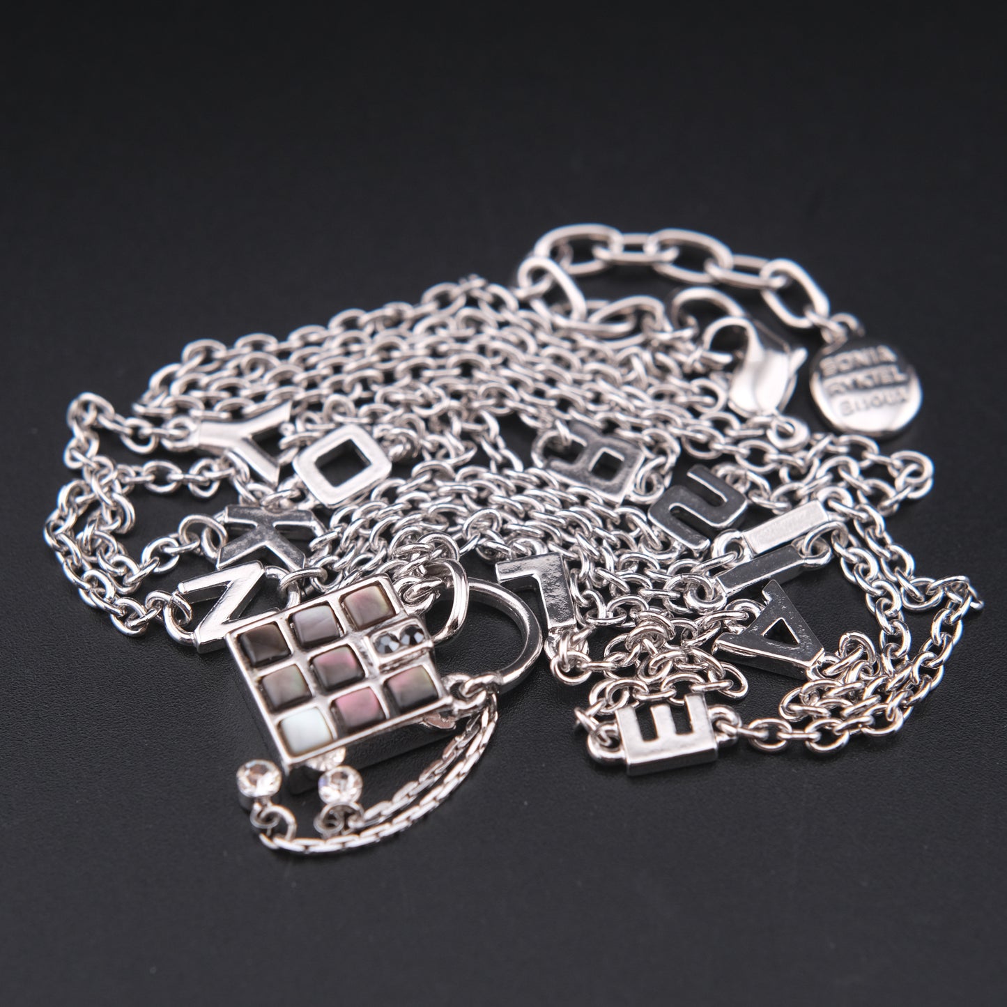 ❤️ Sonia Rykiel Long Necklace – Silver-Tone with Letter Charms & Lock Pendant