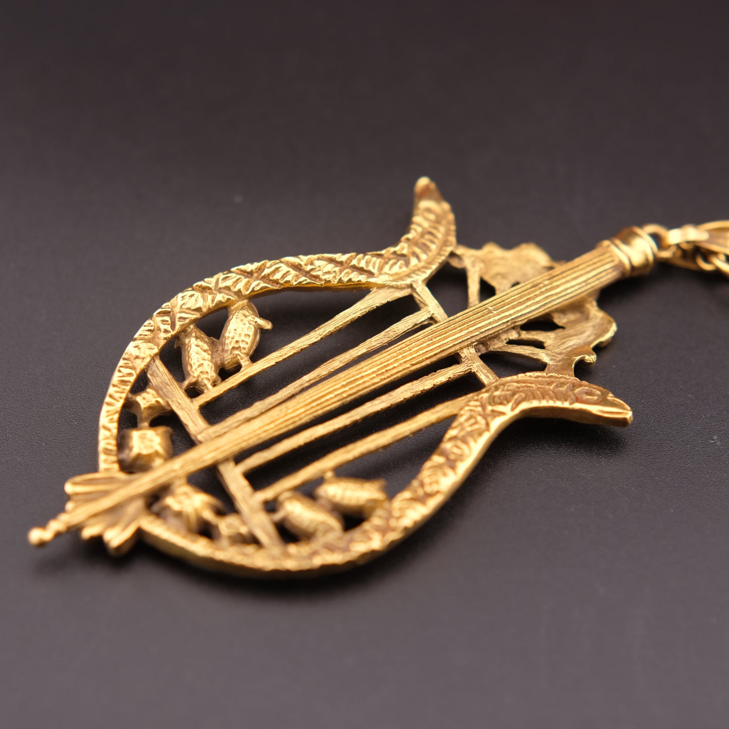 Vintage Lyre Harp Pendant Necklace – Gold-Tone with Black & Clear Crystals