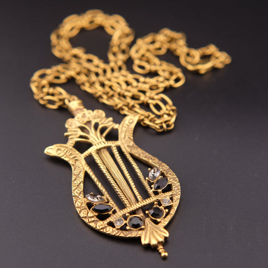 Vintage Lyre Harp Pendant Necklace – Gold-Tone with Black & Clear Crystals