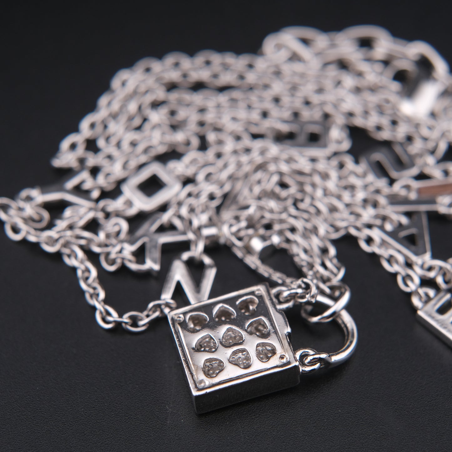 ❤️ Sonia Rykiel Long Necklace – Silver-Tone with Letter Charms & Lock Pendant