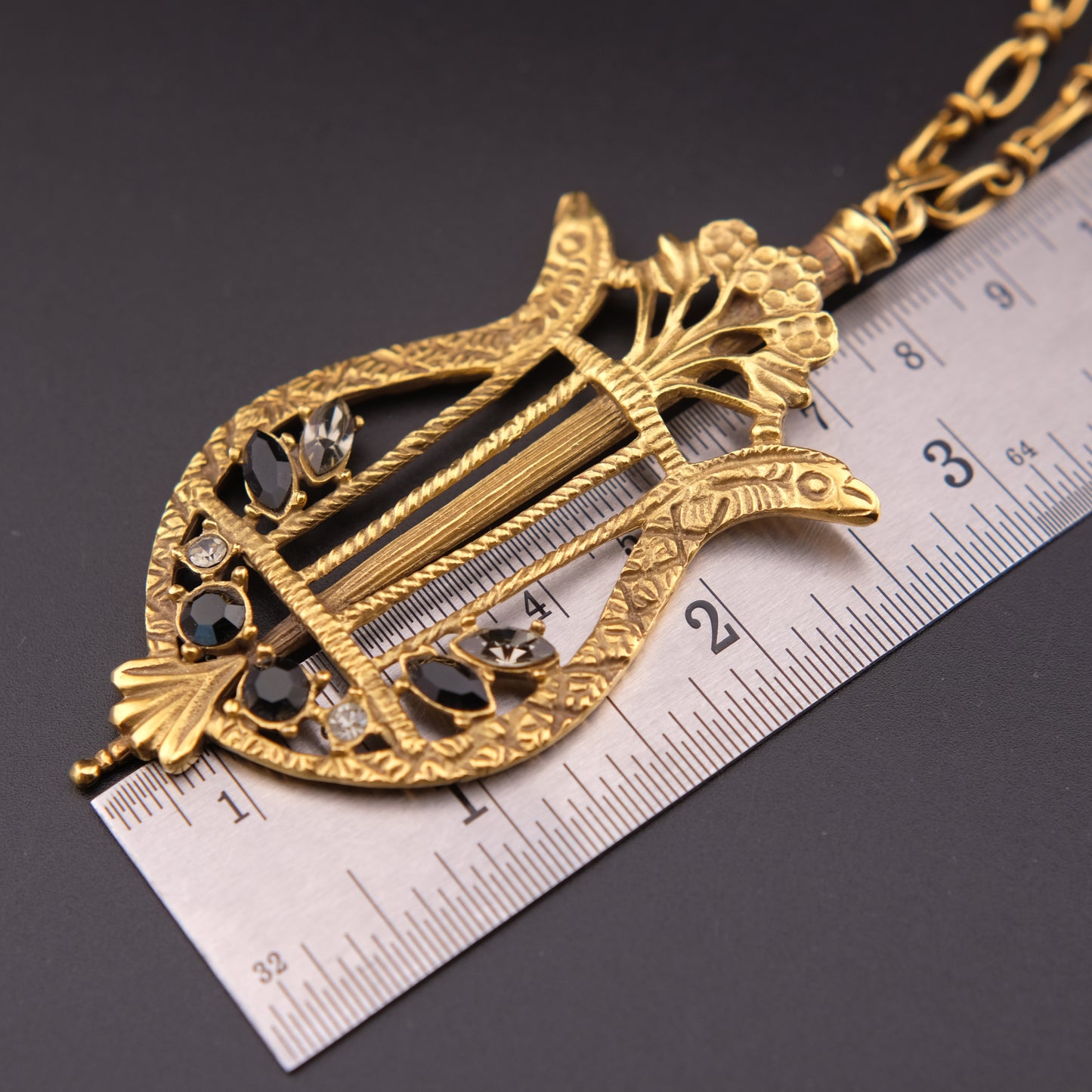 Vintage Lyre Harp Pendant Necklace – Gold-Tone with Black & Clear Crystals