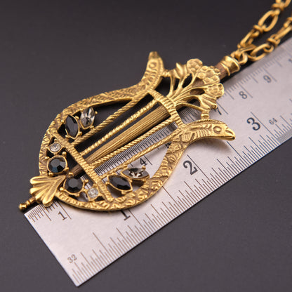 Vintage Lyre Harp Pendant Necklace – Gold-Tone with Black & Clear Crystals