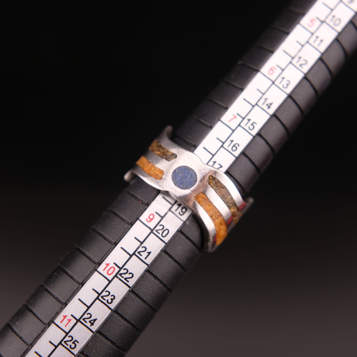 Vintage Saritasco 925 Sterling Silver Inlay Ring – Blue & Amber Tone Mosaic Design (Size 8)