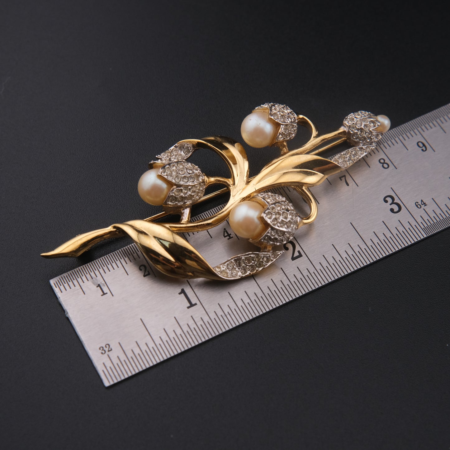 ❤️ Vintage D'orlan Floral Pearl & Crystal Brooch – Gold Tone Tulip Design