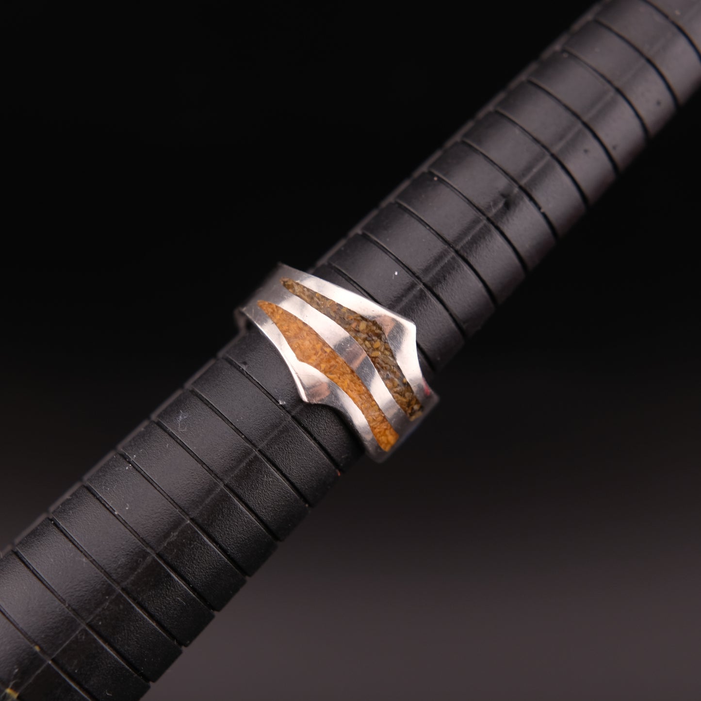 Vintage Saritasco 925 Sterling Silver Inlay Ring – Blue & Amber Tone Mosaic Design (Size 8)