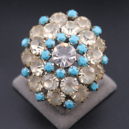❤️ Vintage Turquoise Blue & Smoky Clear Rhinestone Domed Cluster Brooch
