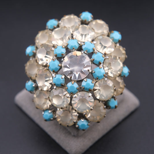 ❤️ Vintage Turquoise Blue & Smoky Clear Rhinestone Domed Cluster Brooch