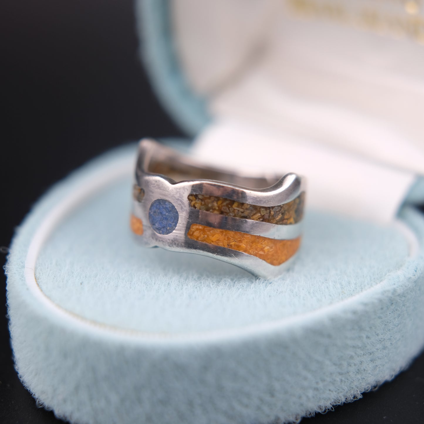 Vintage Saritasco 925 Sterling Silver Inlay Ring – Blue & Amber Tone Mosaic Design (Size 8)