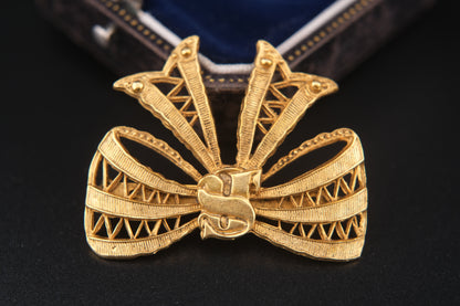 Vintage Sonia Rykiel Gold-Tone Filigree Bow Brooch with SR Monogram