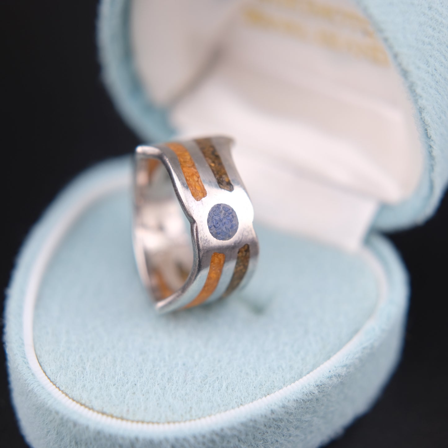 Vintage Saritasco 925 Sterling Silver Inlay Ring – Blue & Amber Tone Mosaic Design (Size 8)