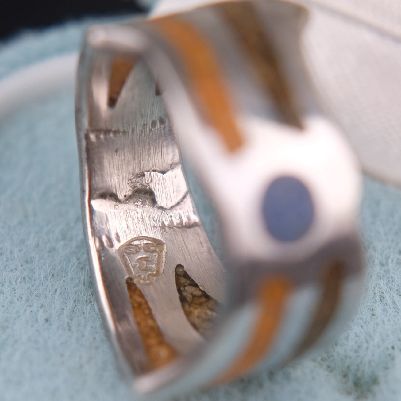 Vintage Saritasco 925 Sterling Silver Inlay Ring – Blue & Amber Tone Mosaic Design (Size 8)