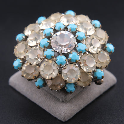 ❤️ Vintage Turquoise Blue & Smoky Clear Rhinestone Domed Cluster Brooch