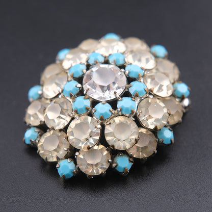 ❤️ Vintage Turquoise Blue & Smoky Clear Rhinestone Domed Cluster Brooch