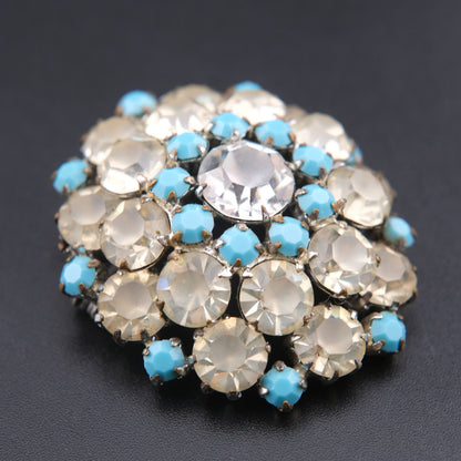❤️ Vintage Turquoise Blue & Smoky Clear Rhinestone Domed Cluster Brooch