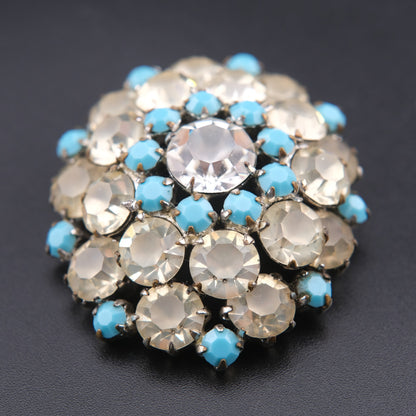 ❤️ Vintage Turquoise Blue & Smoky Clear Rhinestone Domed Cluster Brooch