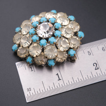 ❤️ Vintage Turquoise Blue & Smoky Clear Rhinestone Domed Cluster Brooch