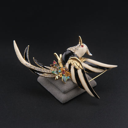 ❤️ Vintage D’orlan Enamel Bird Brooch with Rhinestones – Black & White Statement Figural Pin