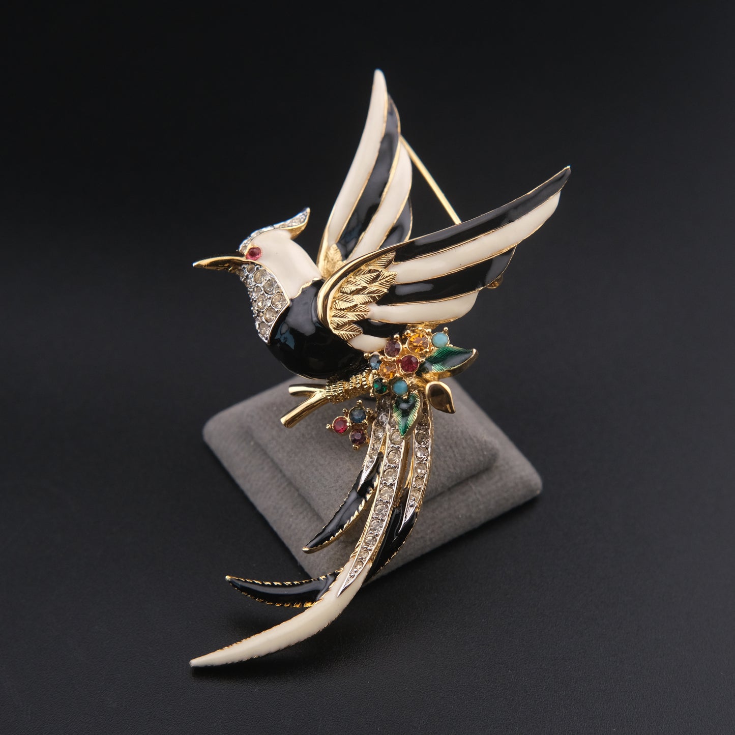 ❤️ Vintage D’orlan Enamel Bird Brooch with Rhinestones – Black & White Statement Figural Pin