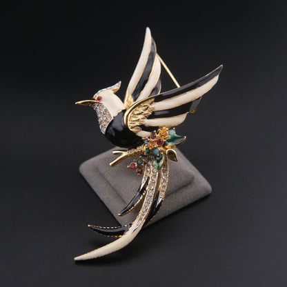❤️ Vintage D’orlan Enamel Bird Brooch with Rhinestones – Black & White Statement Figural Pin