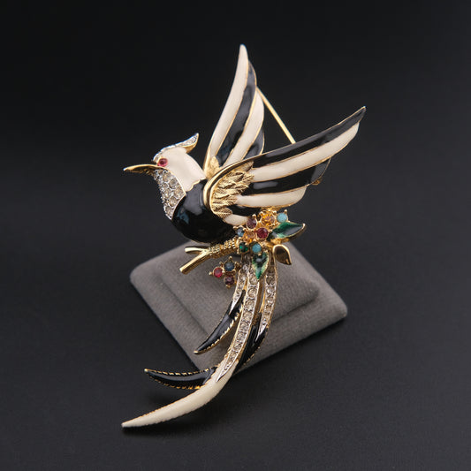 ❤️ Vintage D’orlan Enamel Bird Brooch with Rhinestones – Black & White Statement Figural Pin