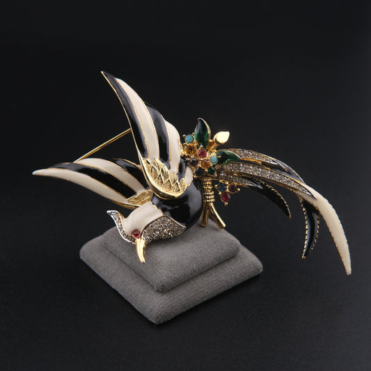 ❤️ Vintage D’orlan Enamel Bird Brooch with Rhinestones – Black & White Statement Figural Pin