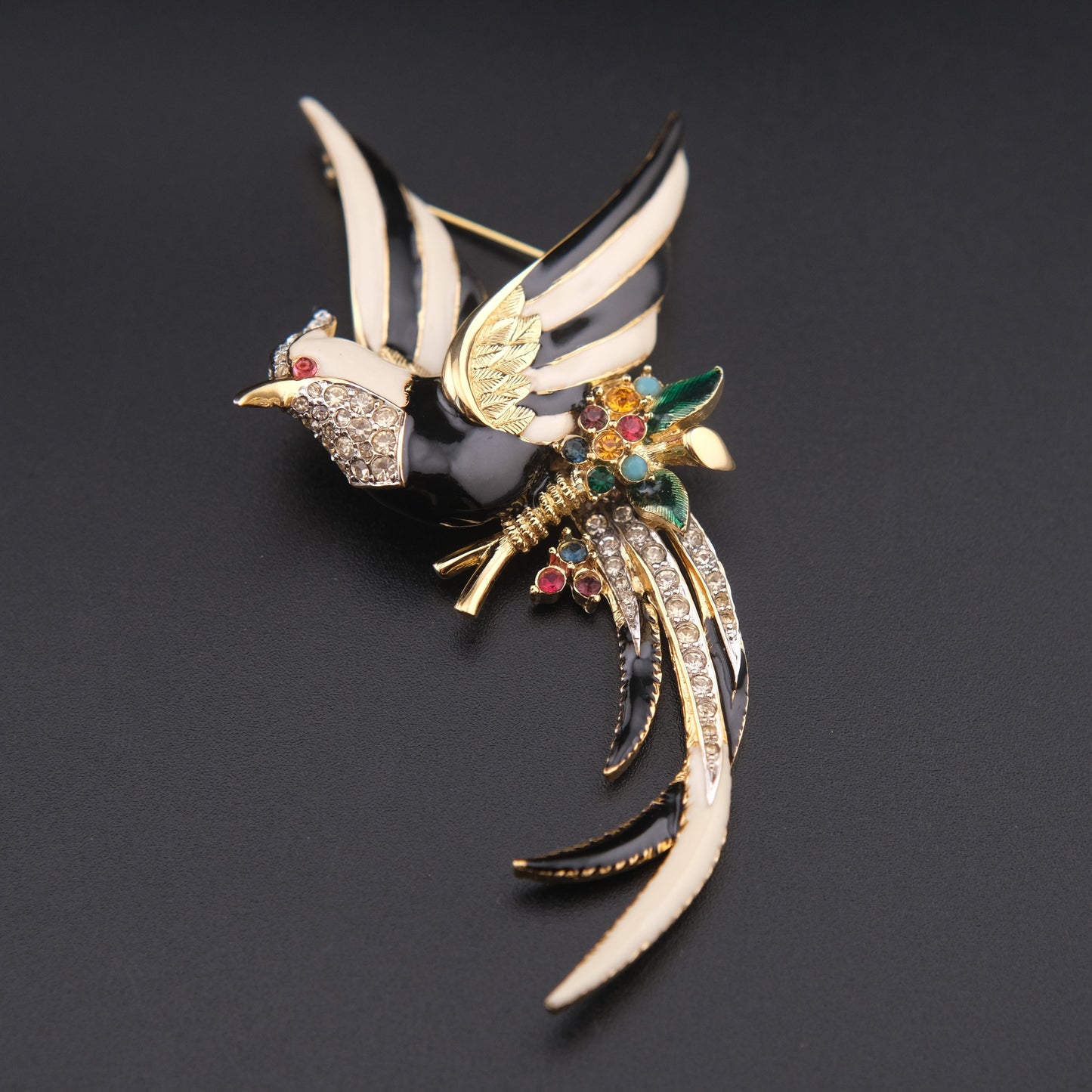 ❤️ Vintage D’orlan Enamel Bird Brooch with Rhinestones – Black & White Statement Figural Pin