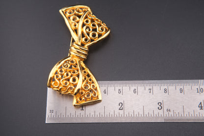 Vintage Rykiel Gold-Tone Filigree Bow Brooch – 1980s French Designer Jewelry