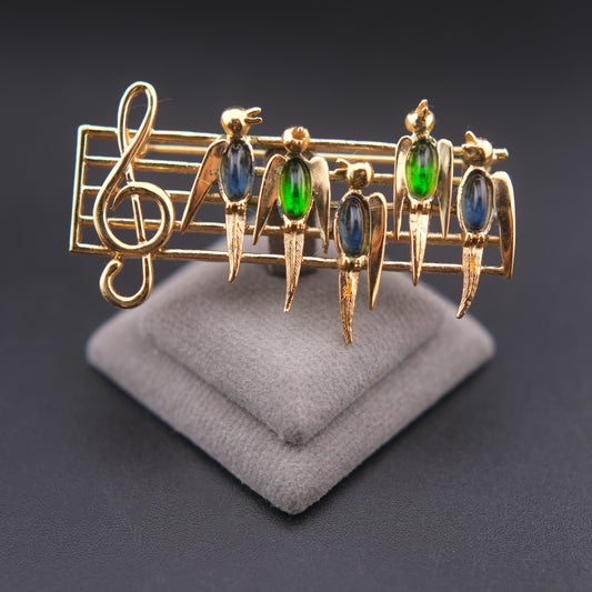 ❤️ Vintage D’orlan Musical Birds Brooch – Gold Tone with Green & Blue Glass Cabochons