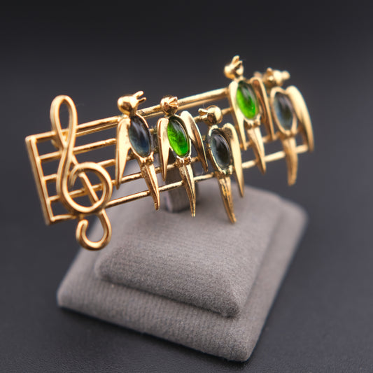 ❤️ Vintage D’orlan Musical Birds Brooch – Gold Tone with Green & Blue Glass Cabochons