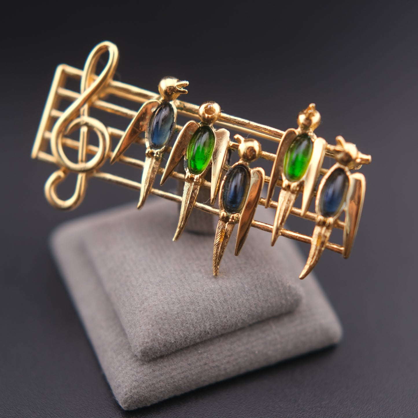 ❤️ Vintage D’orlan Musical Birds Brooch – Gold Tone with Green & Blue Glass Cabochons
