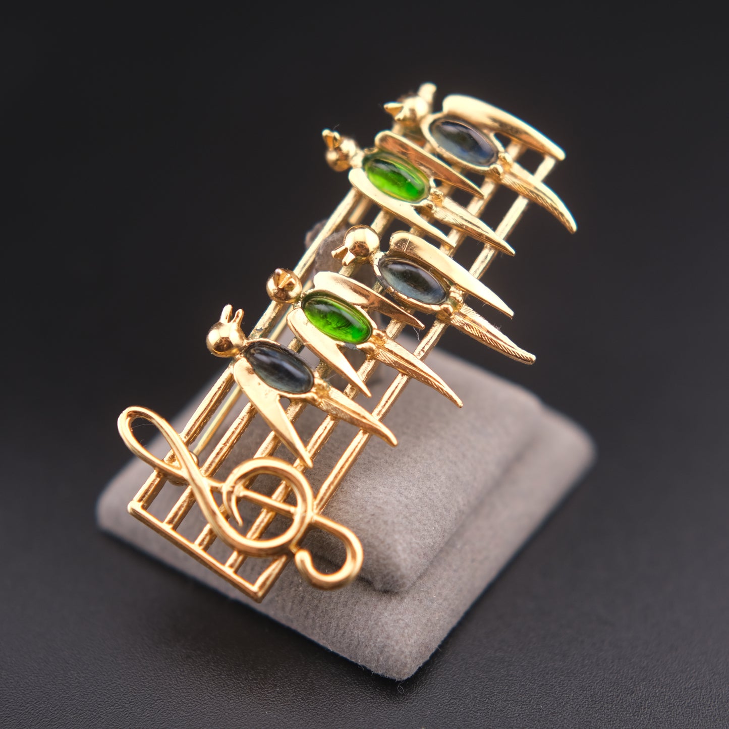 ❤️ Vintage D’orlan Musical Birds Brooch – Gold Tone with Green & Blue Glass Cabochons