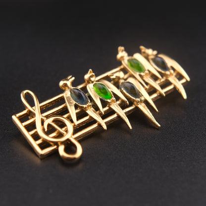 ❤️ Vintage D’orlan Musical Birds Brooch – Gold Tone with Green & Blue Glass Cabochons