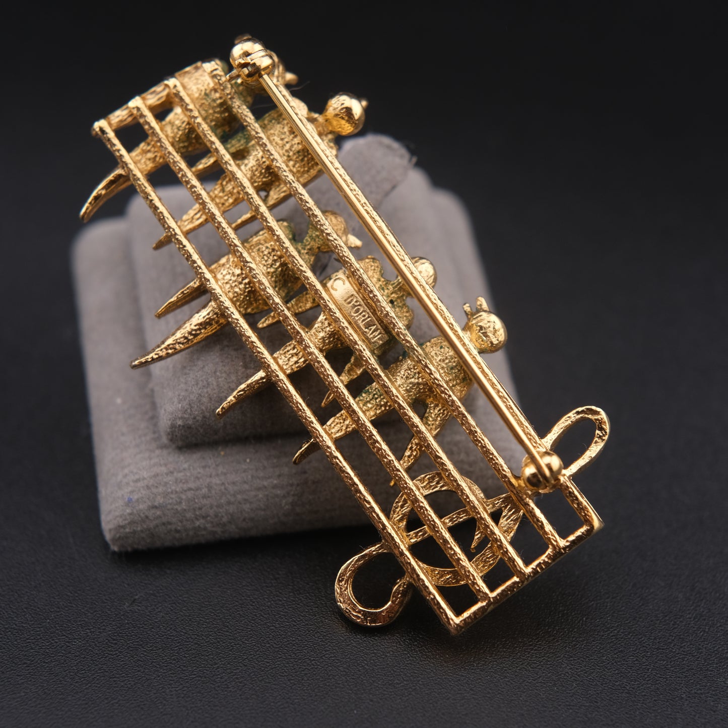 ❤️ Vintage D’orlan Musical Birds Brooch – Gold Tone with Green & Blue Glass Cabochons