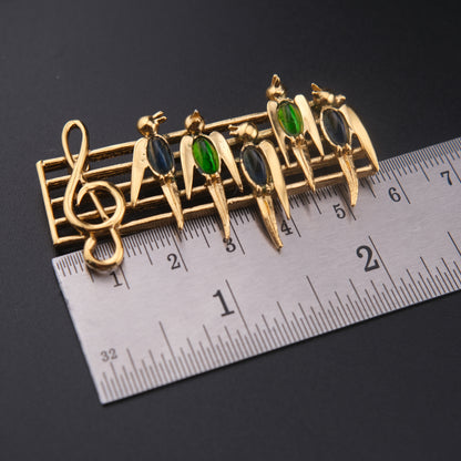 ❤️ Vintage D’orlan Musical Birds Brooch – Gold Tone with Green & Blue Glass Cabochons