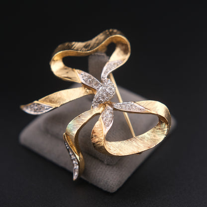 ❤️ Vintage D’Orlan Gold Tone Ribbon Bow Brooch with Clear Crystals