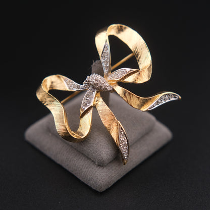 ❤️ Vintage D’Orlan Gold Tone Ribbon Bow Brooch with Clear Crystals