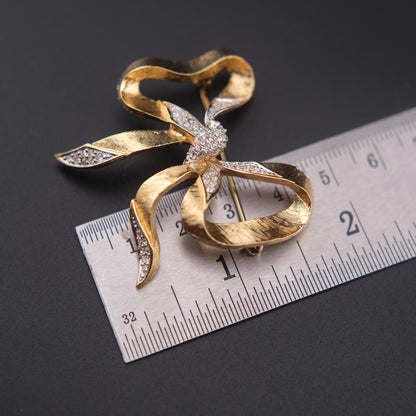 ❤️ Vintage D’Orlan Gold Tone Ribbon Bow Brooch with Clear Crystals