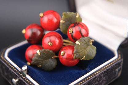 🍒 Vintage West Germany Red Glass Fruit Cluster Brooch