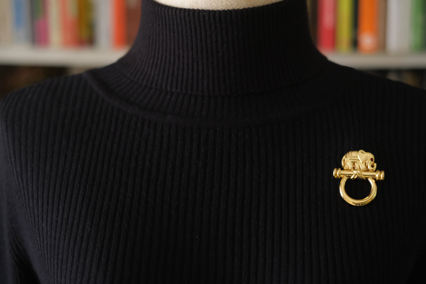 Vintage Malka Paris Elephant Pin – Gilded Gold-Tone with Red Crystal Eye, Made in France