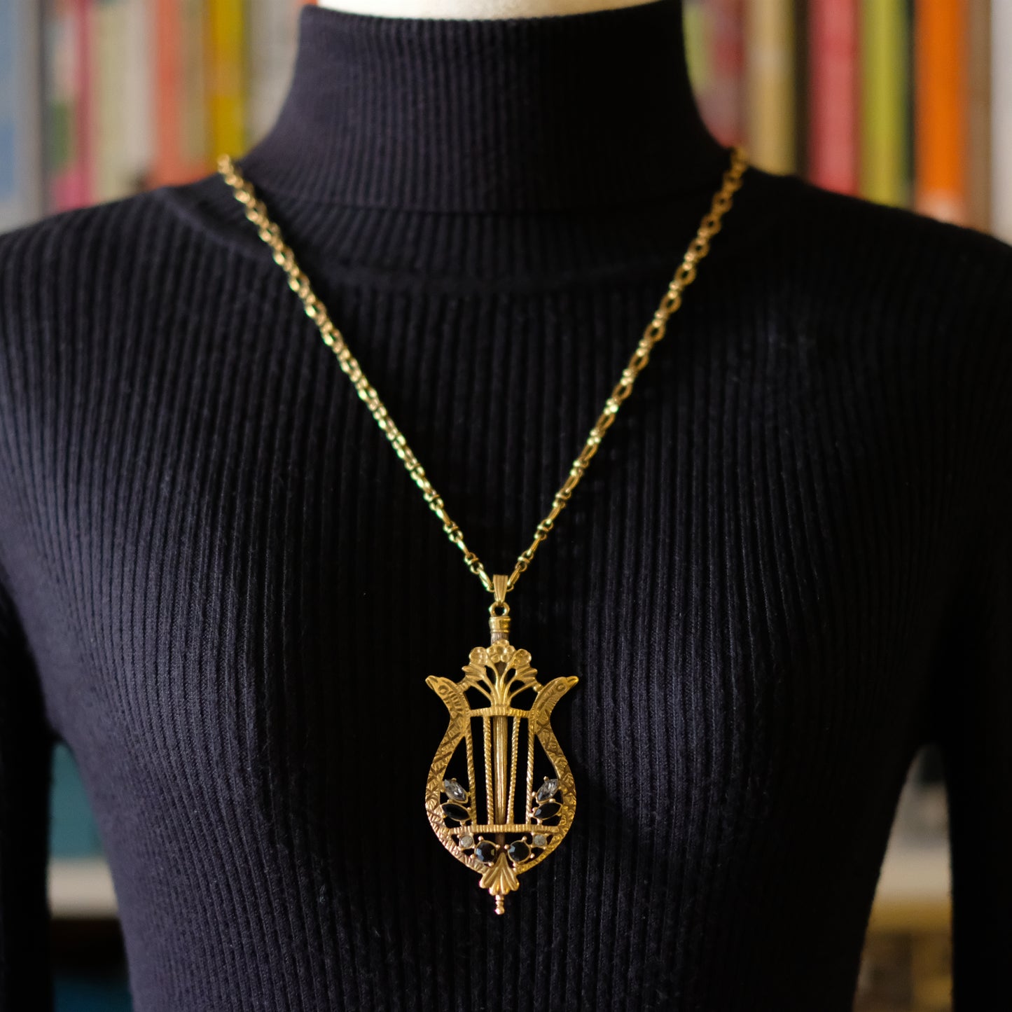 Vintage Lyre Harp Pendant Necklace – Gold-Tone with Black & Clear Crystals