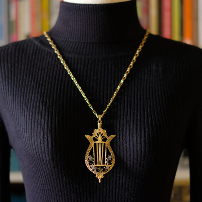 Vintage Lyre Harp Pendant Necklace – Gold-Tone with Black & Clear Crystals
