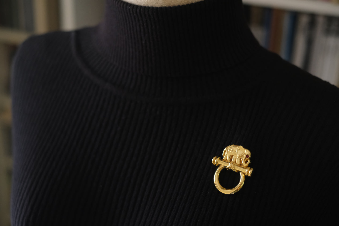 Vintage Malka Paris Elephant Pin – Gilded Gold-Tone with Red Crystal Eye, Made in France